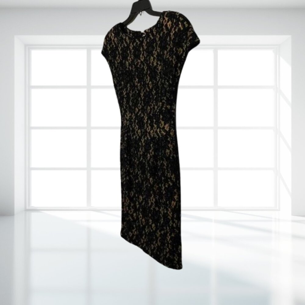 Carmen Marc Valvo Black Gold Lace Beaded Formal Dress Gown Size 6 Designer - Picture 3 of 12